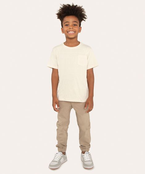 camiseta de algodão infantil com bolso manga curta bege