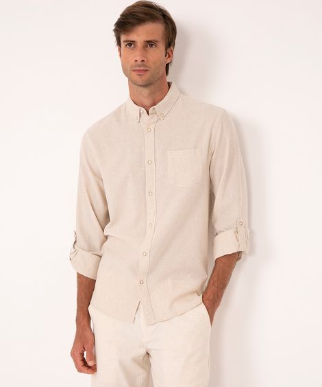 camisa comfort com linho manga longa bege