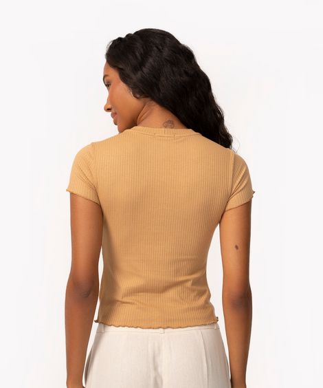 blusa de malha canelada manga curta fru fru bege
