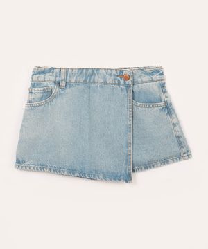 short saia jeans juvenil com bolsos azul médio