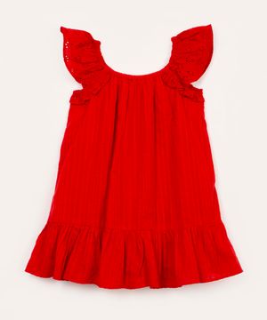 vestido de algodão infantil texturizado com laise e babado vermelho