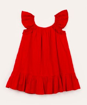 vestido de algodão infantil texturizado com laise e babado vermelho