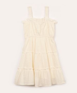 vestido de algodão infantil texturizado com recorte e alças de elástico off white
