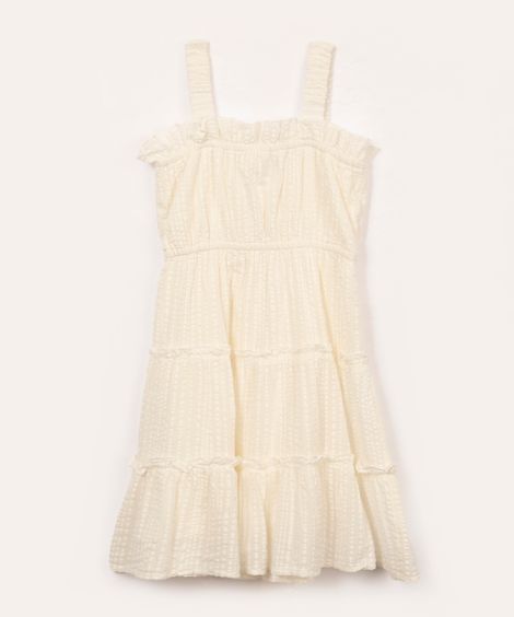 vestido de algodão infantil texturizado com recorte e alças de elástico off white