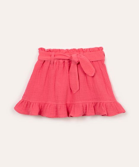 short saia de algodão texturizado com faixa e babado pink