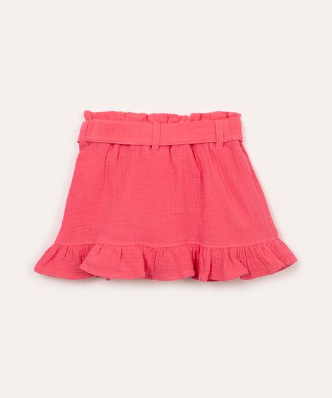 short saia de algodão texturizado com faixa e babado pink