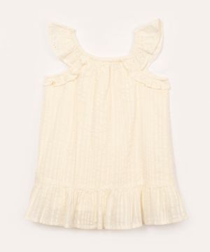 vestido de algodão infantil texturizado com laise e babado off white