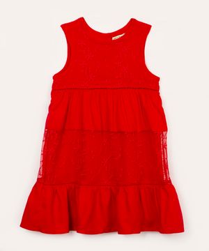vestido de viscose infantil com tule bordado vermelho