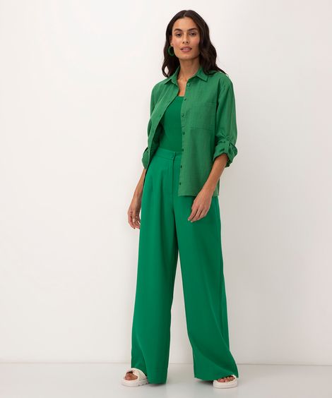 calça wide leg de viscose cintura alta com elástico - verde médio