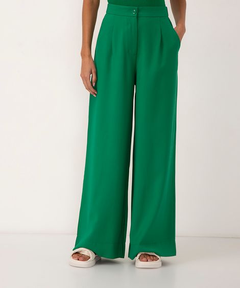calça wide leg de viscose cintura alta com elástico - verde médio