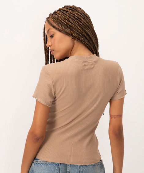 blusa de malha canelada manga curta fru fru kaki