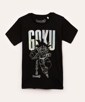 camiseta de algodão infantil goku metalizado manga curta preta