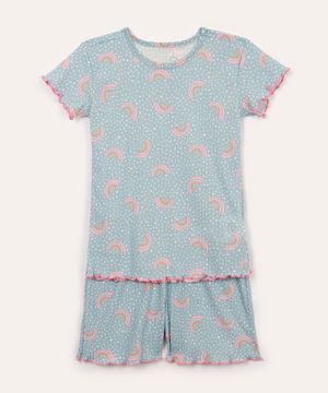 pijama infantil canelado poá e arco íris manga curta azul bebe