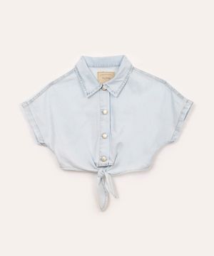 camisa cropped jeans infantil com amarração azul claro