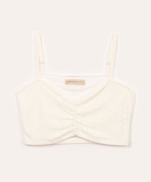 cropped juvenil de laise com franzido alça fina off white