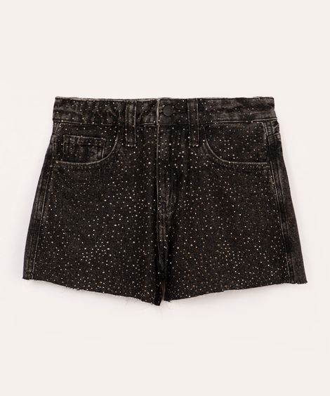 short jeans juvenil com strass e bolsos preto