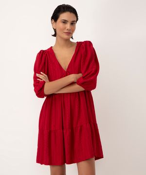 vestido curto de laise manga bufante vermelho