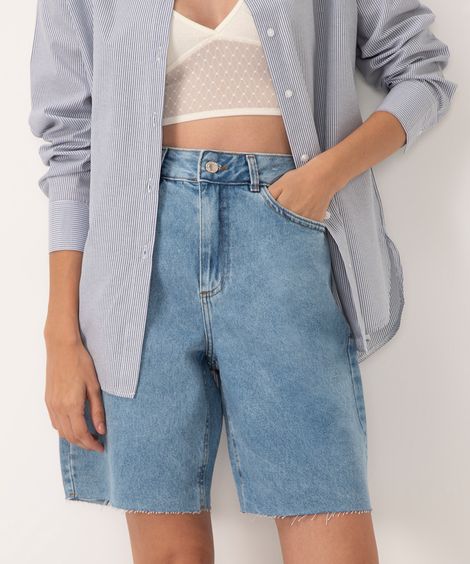 bermuda jeans reta cintura alta azul médio