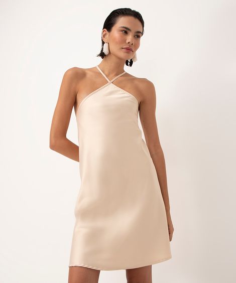 vestido curto acetinado decote halter neck bege claro