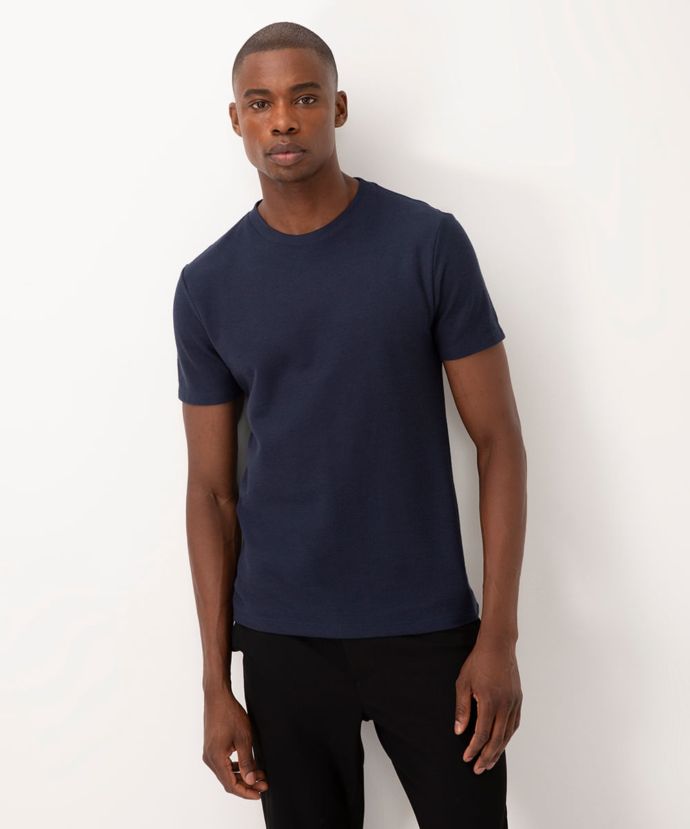 camiseta de algodão texturizada manga curta azul marinho