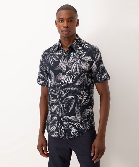 camisa de algodão folhagem manga curta azul marinho