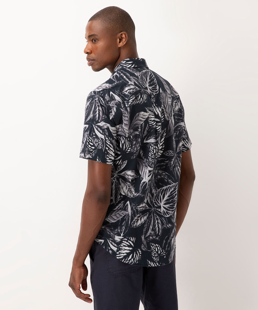 camisa de algodão folhagem manga curta azul marinho