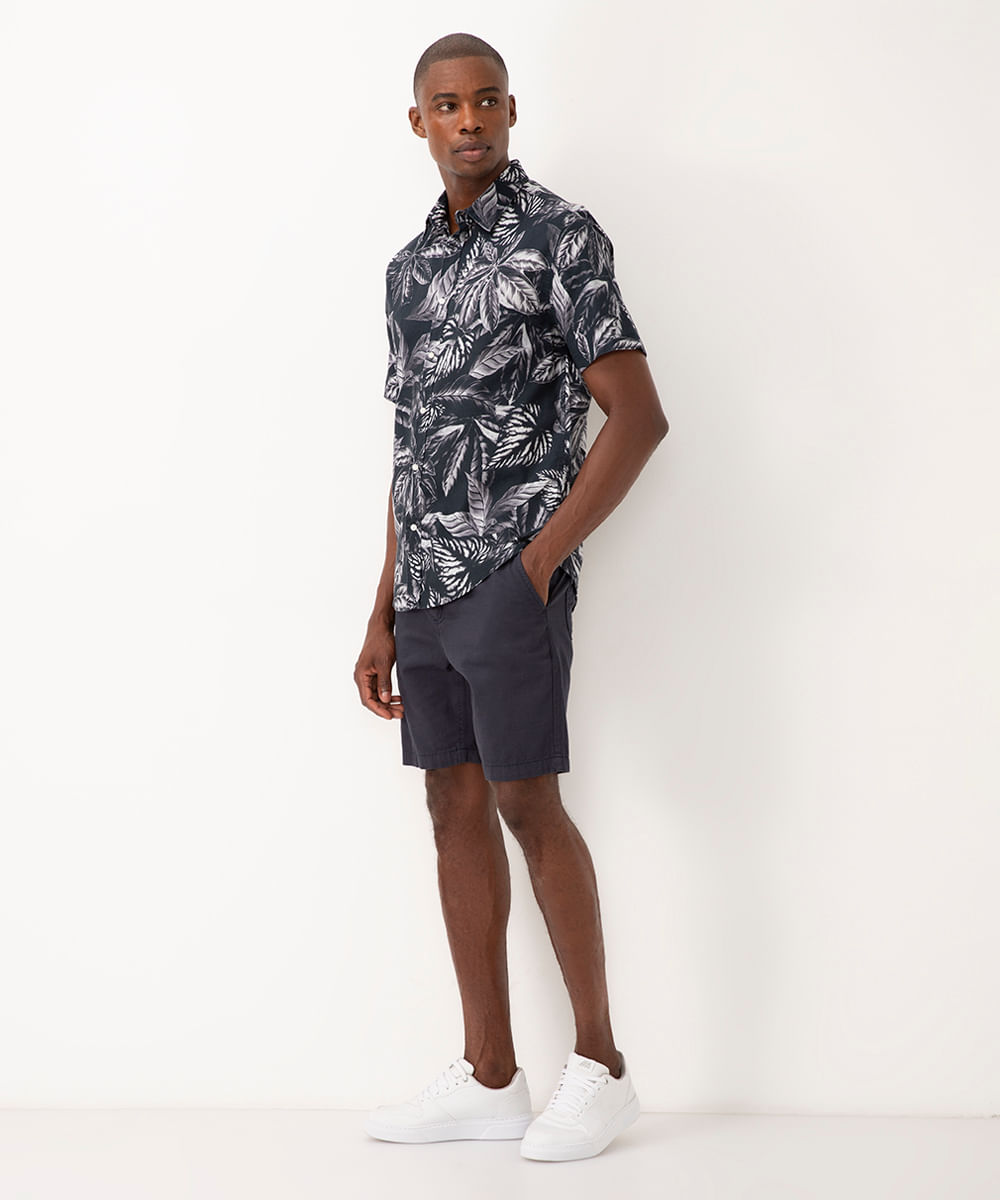 camisa de algodão folhagem manga curta azul marinho