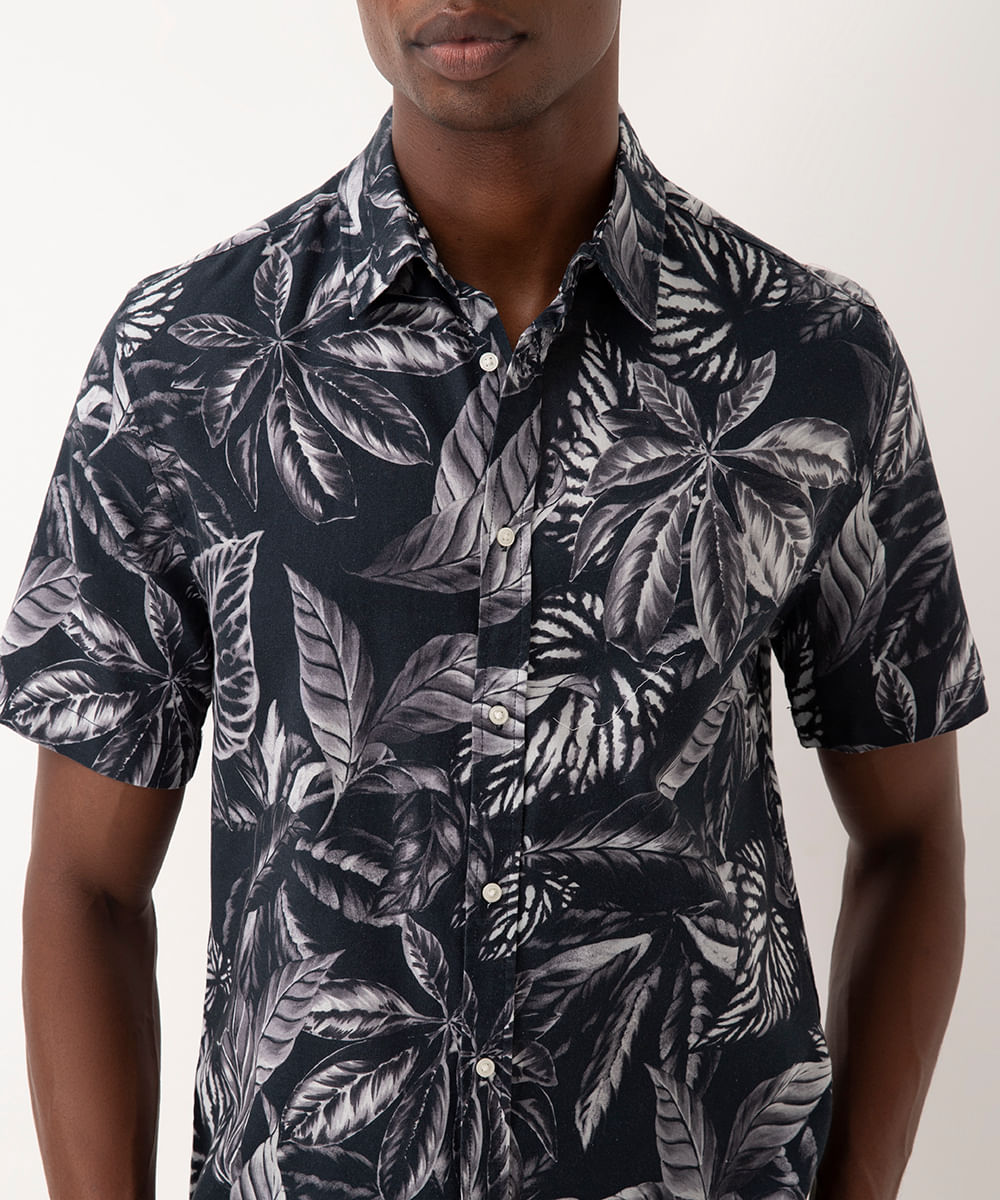 camisa de algodão folhagem manga curta azul marinho