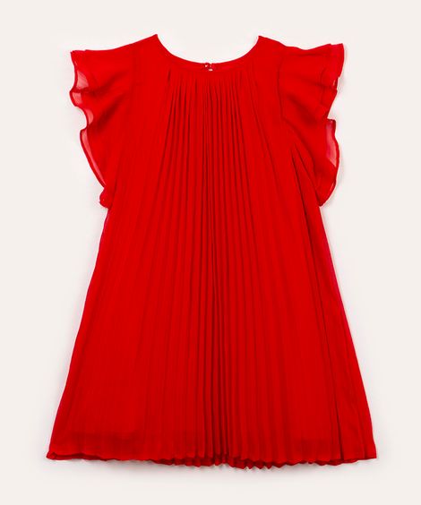 vestido infantil plissado manga curta em babado vermelho