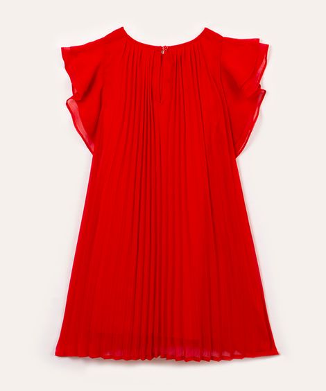 vestido infantil plissado manga curta em babado vermelho
