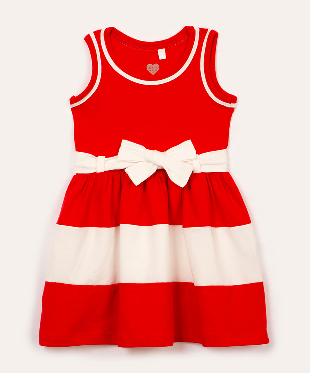 vestido de algodão infantil com recorte e laço vermelho