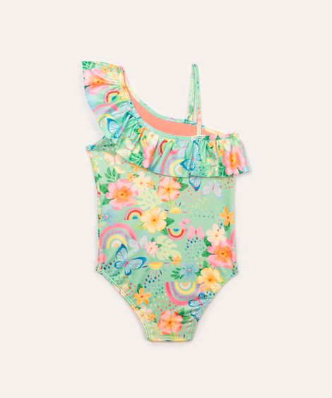 maiô infantil floral ombro único com babado proteção uv verde