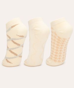 kit de 3 pares de meias estampadas cano baixo bege claro