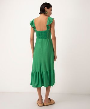 vestido midi de laise decote reto alça média verde médio