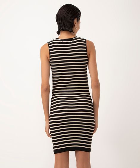 vestido curto de malha canelada listrado bege