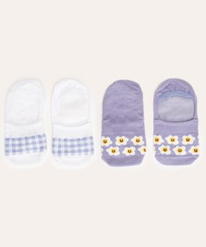 kit de 2 pares de meias invisíveis xadrez e flores colorido