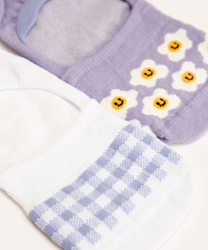 kit de 2 pares de meias invisíveis xadrez e flores colorido