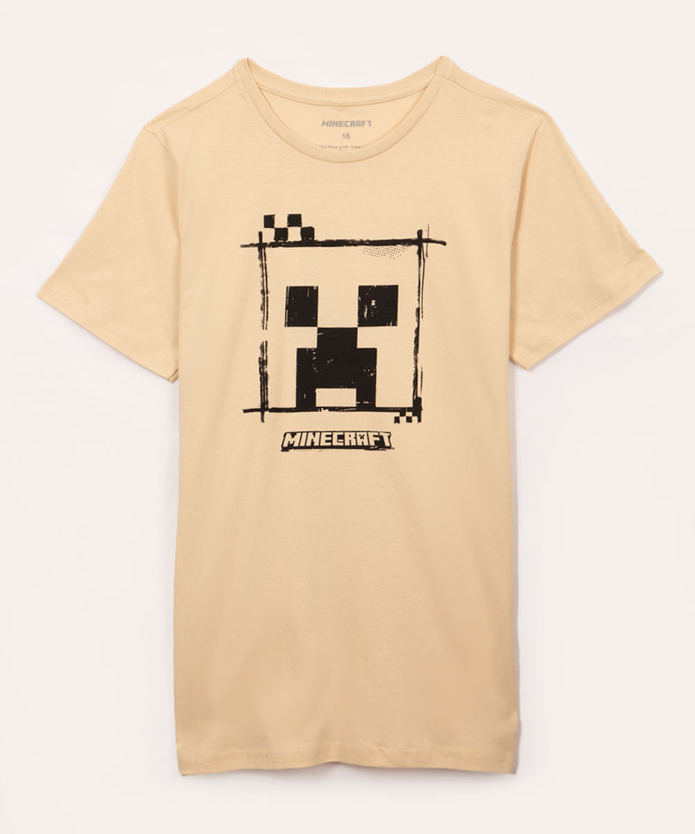 camiseta de algodão juvenil minecraft manga curta bege