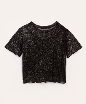 blusa infantil de tule com brilho manga curta preto
