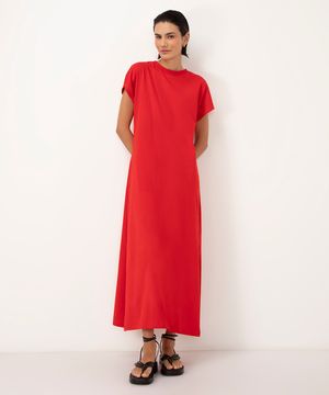 vestido de algodão básico com fenda longo manga curta vermelho escuro