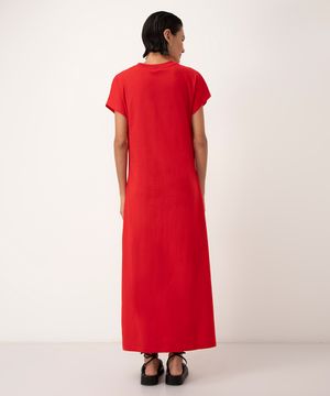 vestido de algodão básico com fenda longo manga curta vermelho escuro