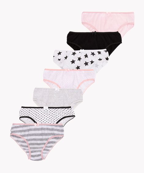 kit de 7 calcinhas infantil poá e estrelas multicor