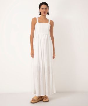 vestido de laise midi alça franzida  off white
