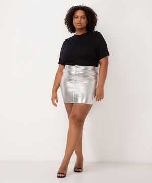 saia curta metalizada cintura alta plus size mindset prata