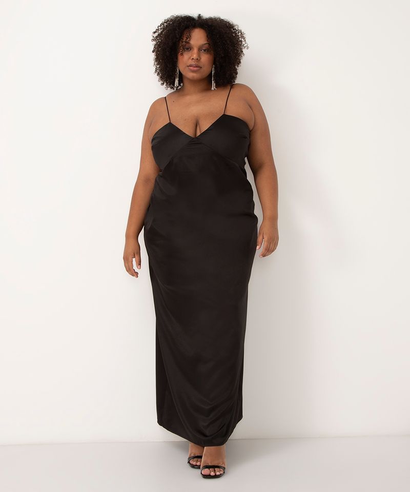 vestido de cetim longo decote v plus size mindset preto - C&A