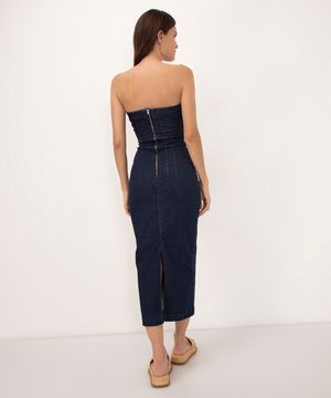 vestido midi jeans decote reto sem alça azul escuro