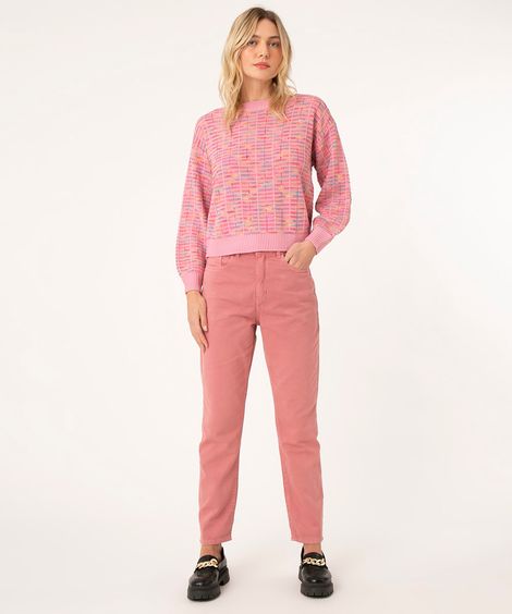calça mom de sarja cintura super alta rosa