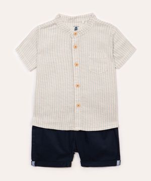 conjunto infantil de camisa manga curta listrada e bermuda azul marinho