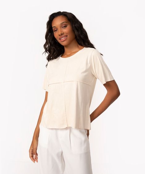 blusa em suede manga curta com recortes marrom - areia