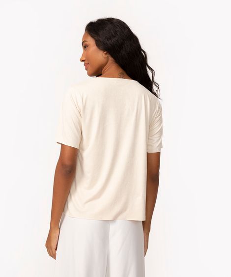 blusa em suede manga curta com recortes marrom - areia
